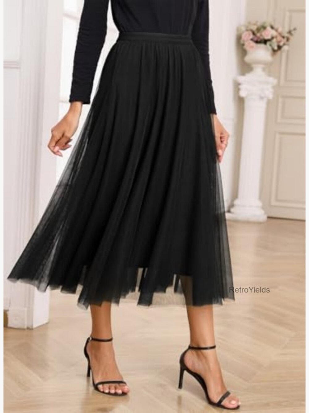 High Waisted A-Line Tulle Midi Skirt Flowy Layered Long Skirt - Picture 6 of 7
